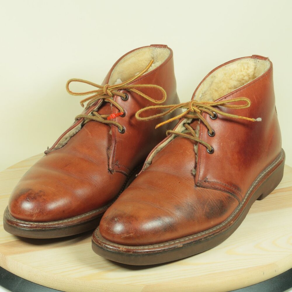 Vintage 80s LL Bean Sherpa Lined Chukka Boots Mens 8.5C Brown Sheepskin Leather